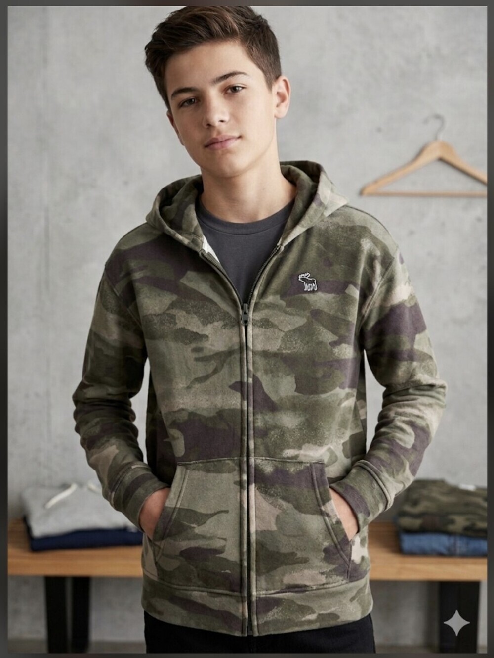 New Abercrombie Kids Essentials Camo Full Zip Hoodie Size 15/16